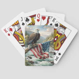 Bald Eagle With American Flag On Tree Branch Playing Cards