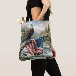 Bald Eagle With American Flag On Tree Branch Tote Bag
