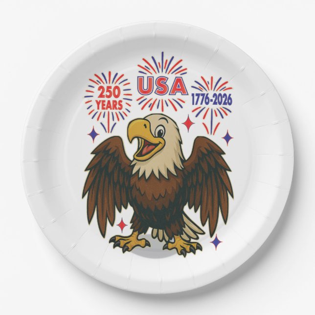 Bald Eagle with Fireworks– USA 250 Years 1776-2026 Paper Plate (Front)
