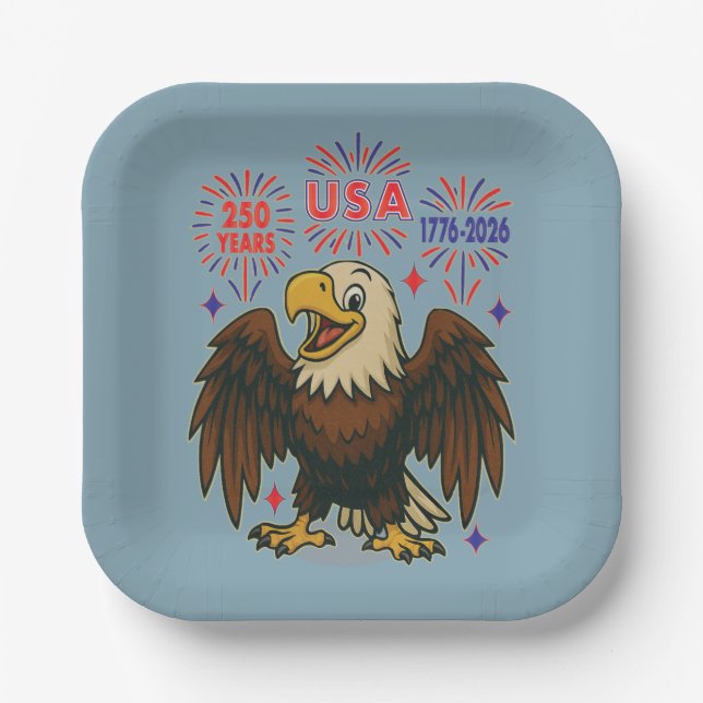 Bald Eagle with Fireworks– USA 250 Years 1776-2026 Paper Plate (Front)