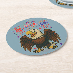 Bald Eagle with Fireworks– USA 250 Years 1776-2026 Round Paper Coaster