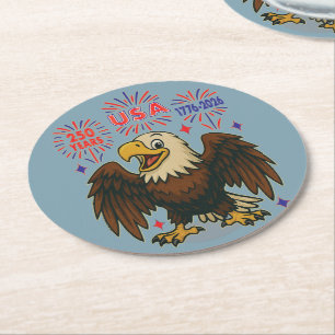 Bald Eagle with Fireworks– USA 250 Years 1776-2026 Round Paper Coaster