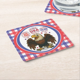 Bald Eagle with Fireworks– USA 250 Years 1776-2026 Square Paper Coaster