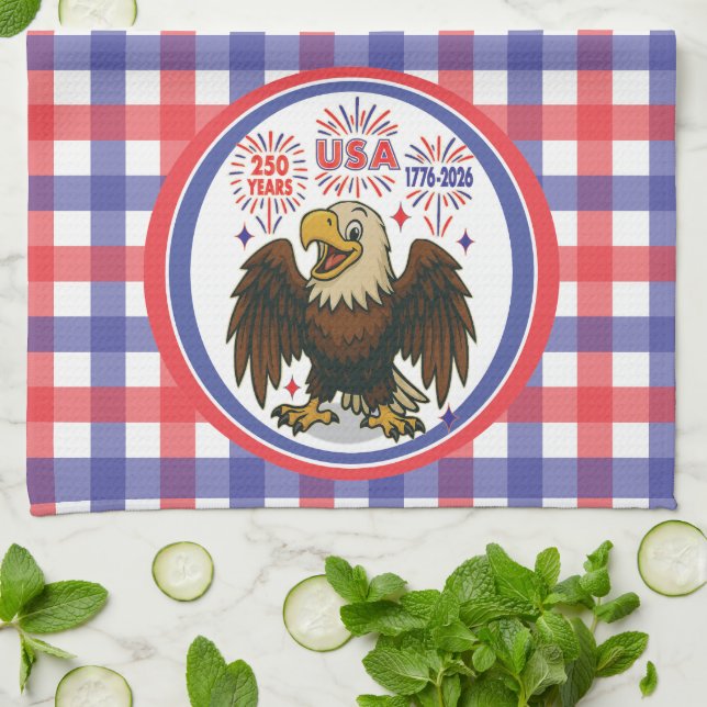 Bald Eagle with Fireworks– USA 250 Years 1776-2026 Tea Towel (Folded)