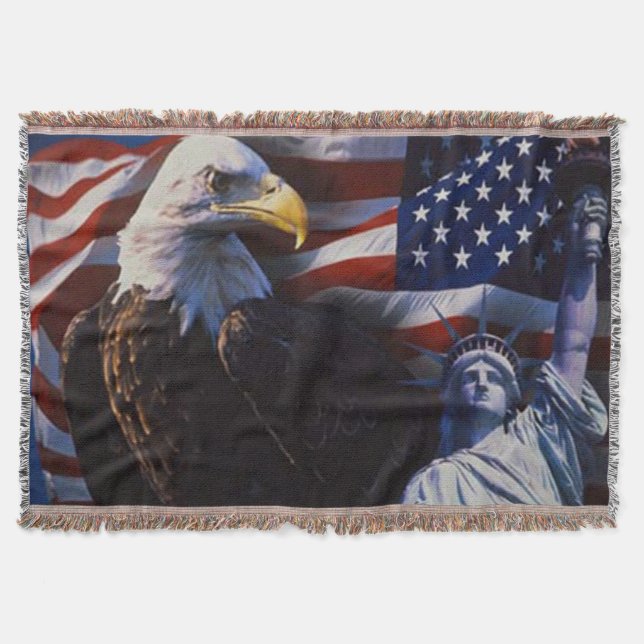 Bald Eagle with Statue of Liberty an American flag Throw Blanket (Front)