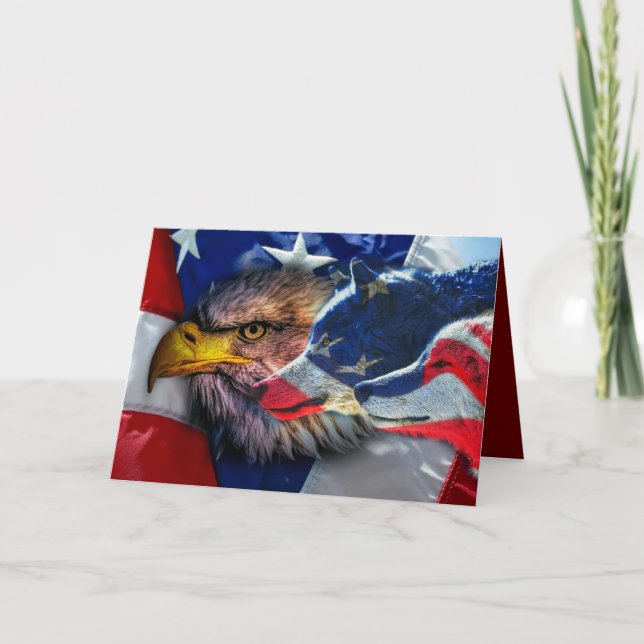 Bald Eagle Wolf American Flag Card (Front)