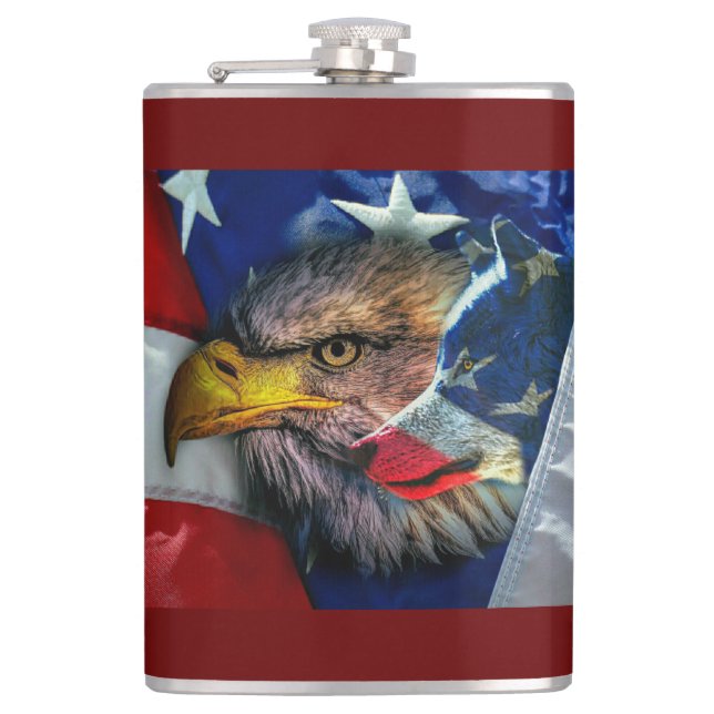 Bald Eagle Wolf American Flag Hip Flask (Front)