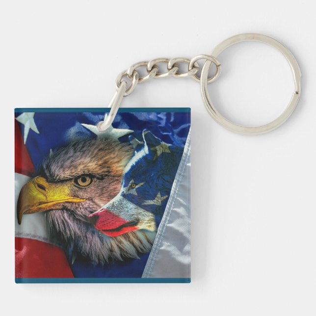 Bald Eagle Wolf American Flag Key Ring (Back)