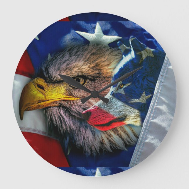 Bald Eagle Wolf American Flag Large Clock (Front)