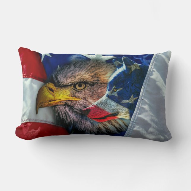 Bald Eagle Wolf American Flag Lumbar Cushion (Front)
