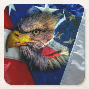 Bald Eagle Wolf American Flag Square Paper Coaster