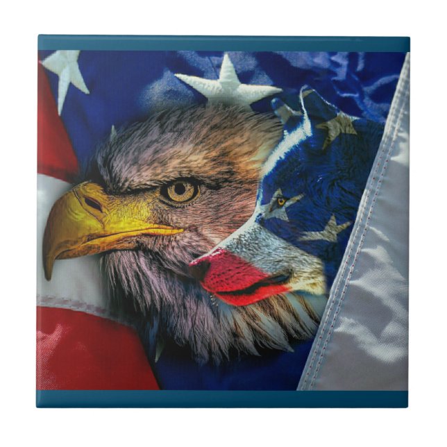 Bald Eagle Wolf American Flag Tile (Front)