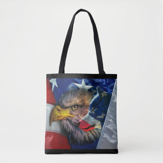 Bald Eagle Wolf American Flag Tote Bag (Front)