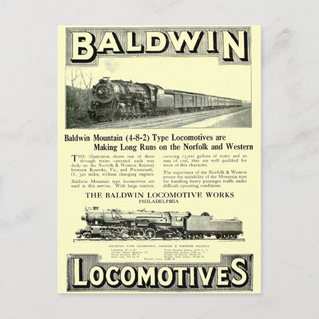 Baldwin Steam Locomotive Mountain Type in 1924 Postcard (Front)