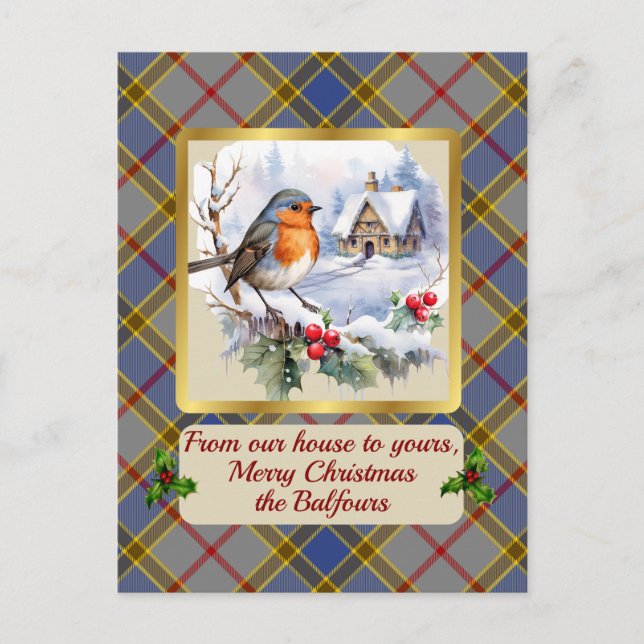 Balfour Crest & Tartan w/Robin Personalised  Holiday Postcard (Front)