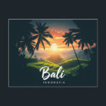Bali Indonesia Palm Trees Rice Fields Sunset Postcard<br><div class="desc">Experience the enchanting beauty of Bali, Indonesia, with this tropical watercolor-style design. Lush green rice terraces cascade down hillsides, framed by silhouetted palm trees, all set against the breathtaking backdrop of a vibrant sunset. This artwork beautifully captures the serene and iconic agricultural landscapes of Bali, evoking a sense of peace...</div>