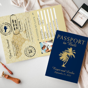 Bali Navy Blue and Gold Wedding Passport Invitation