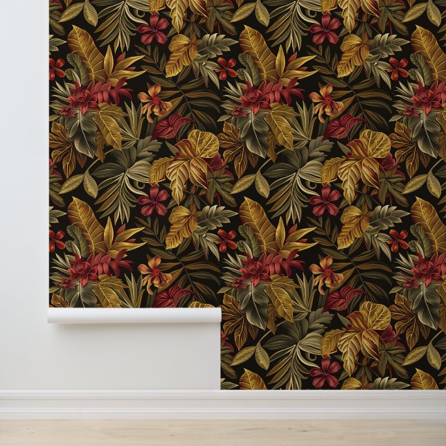 Bali style exotic flowers leaves luxury dark colou wallpaper (Application)