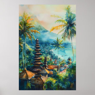 Bali Watercolor National Travel Poster Vintage Ski
