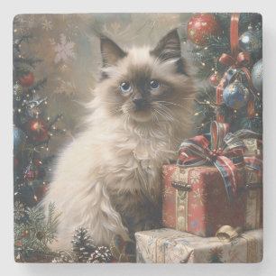Balinese Kitten Christmas Cat Portrait Art Stone Coaster