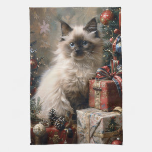 Balinese Kitten Christmas Cat Portrait Art Tea Towel