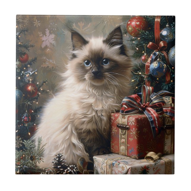 Balinese Kitten Christmas Cat Portrait Art Tile (Front)