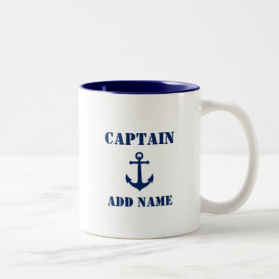 Ball Anchor Blue Captain Add Name Boat Name Two-Tone Coffee Mug