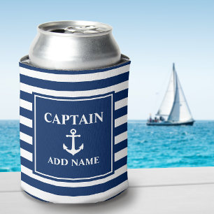 Ball Anchor Captain Add Boat Name Blue Stripes Can Cooler