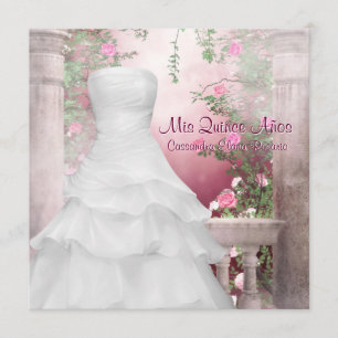 Ball Gown Pink Rose Quinceanera Invitation