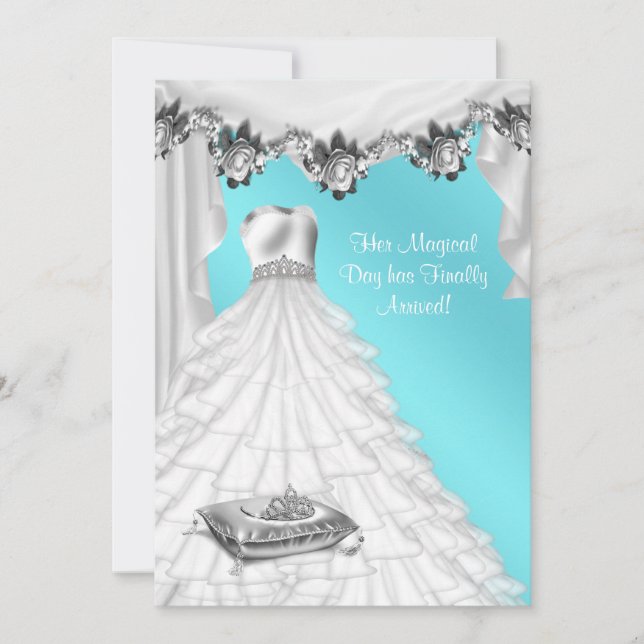 Ball Gown Tiara White Rose Teal Quinceanera Invitation (Front)