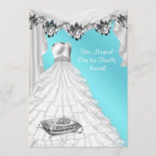Ball Gown Tiara White Rose Teal Quinceanera Invitation