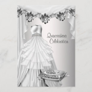 Ball Gown Tiara White Roses Princess Quinceanera Invitation