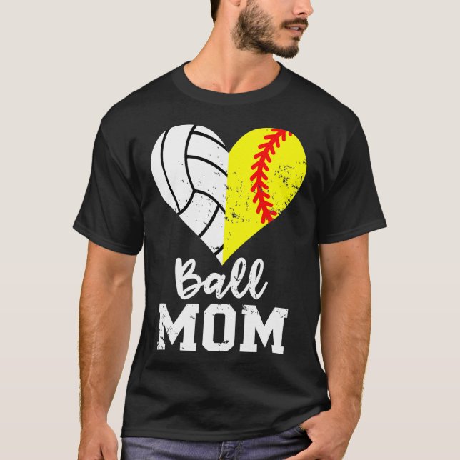 Ball Mum Heart Funny Softball Volleyball Mum T-Shirt (Front)