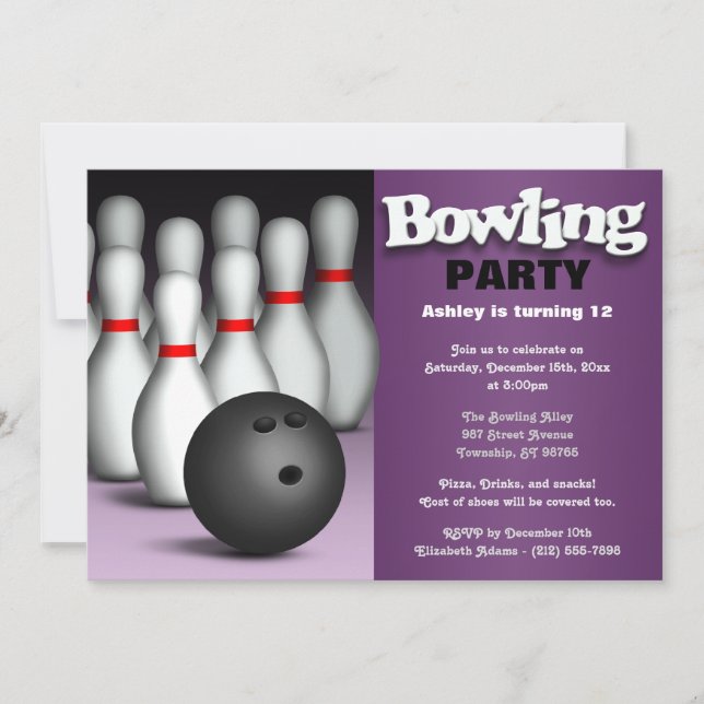 Ball & Pins Purple Bowling Birthday Party Invitation (Front)