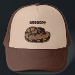 Ball Python Snake, Brown and Tan Personalised Trucker Hat<br><div class="desc">This trucker's cap features a realistic style illustration of a coiled ball python snake in dark brown and tan. It's ready to be personalised with a name in dark brown lettering. Makes a great gift for pet snake owners.</div>