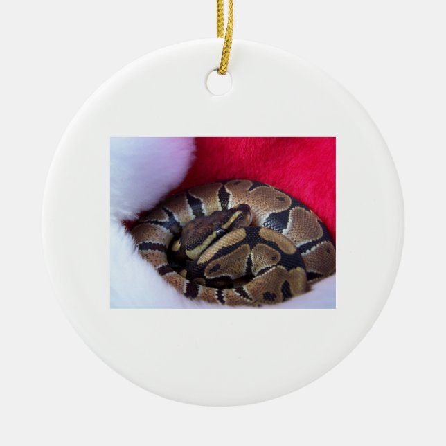 Ball Python Snake in Santa hat picture Ceramic Tree Decoration (Front)