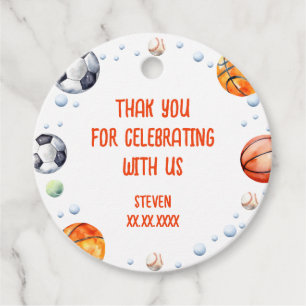 Ball sports kids birthday thank you favour tags