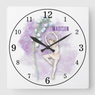 Ballerina and Lily of the Valley Floral on Purple Square Wall Clock
