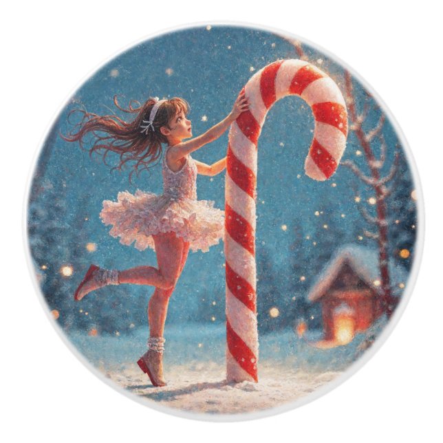 Ballerina Anime Girl & Candy Cane Christmas Ceramic Knob (Front)