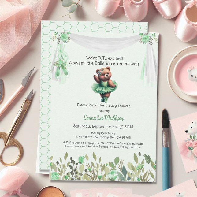 Ballerina Baby Girl Shower Tutu Elegant Teddy Bear Invitation (Creator Uploaded)