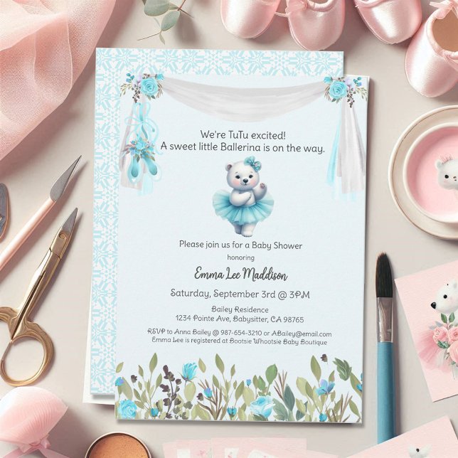 Ballerina Baby Girl Shower Tutu Excited Polar Bear Invitation (Creator Uploaded)