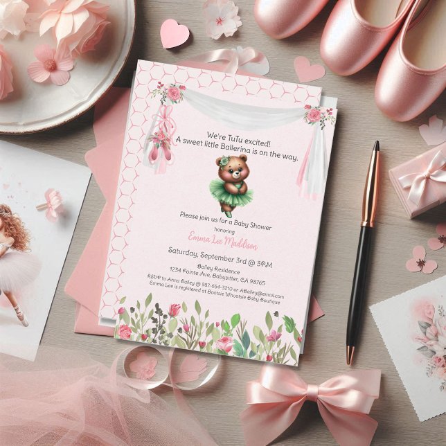 Ballerina Baby Girl Shower Tutu Excited Teddy Bear Invitation (Creator Uploaded)