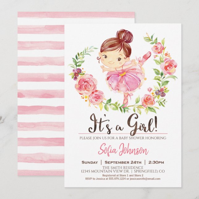Ballerina Baby Shower Girl Pink Invitation (Front/Back)