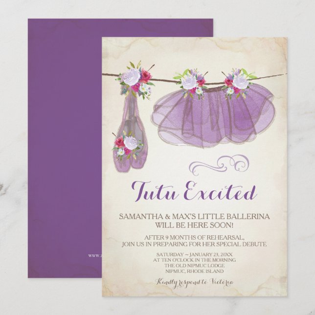 Ballerina Baby Shower Invitation Girl, Purple (Front/Back)
