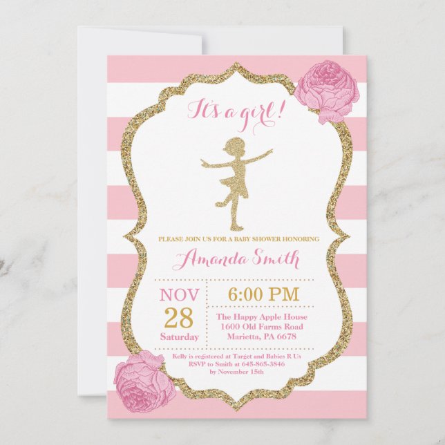 Ballerina Baby Shower Pink and Gold Glitter Invitation (Front)