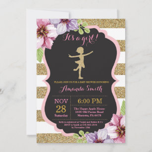 Ballerina Baby Shower Pink and Gold Glitter Invitation