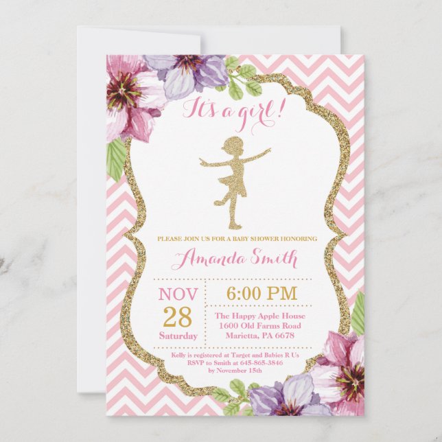 Ballerina Baby Shower Pink and Gold Glitter Invitation (Front)