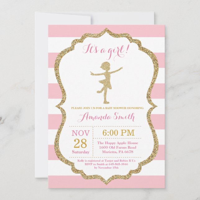 Ballerina Baby Shower Pink and Gold Glitter Invitation (Front)