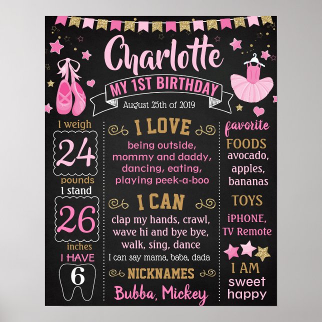Ballerina Ballet shoes dress First Birthday board Poster (Front)