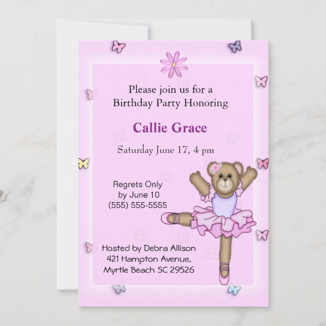 Ballerina Bear  Birthday Party Invitations (Front)